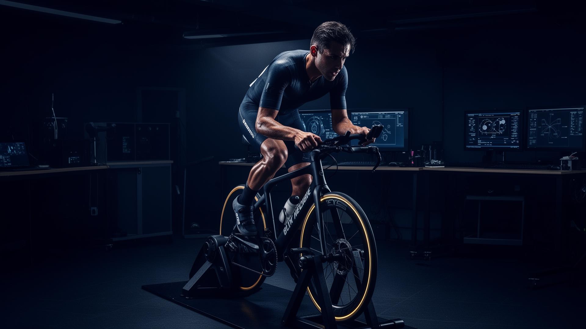 Cyclist on an indoor trainer in a performance lab